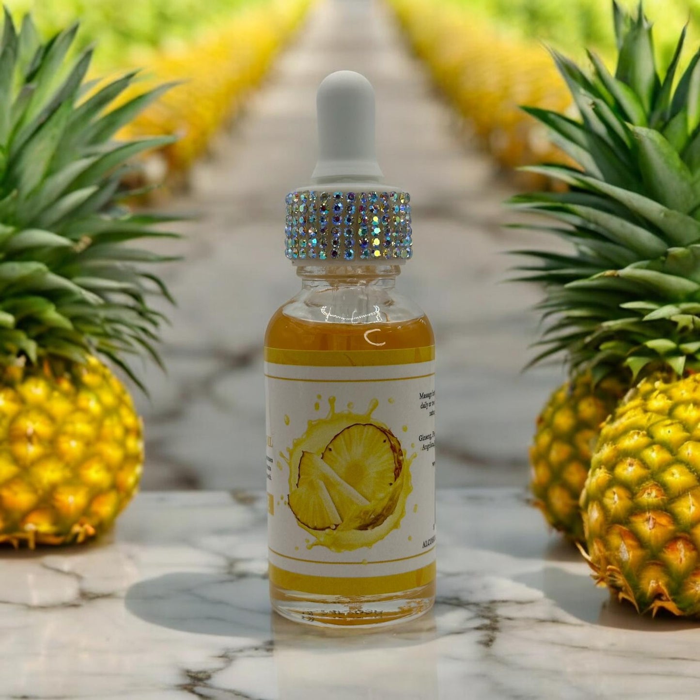 remarkable braids pineapple hair growth oil liquid in front of pineapples