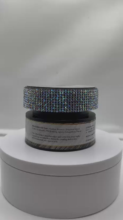 Edge Control Max Hold jar by Remarkable Braids with rhinestone lid on festive red velvet background