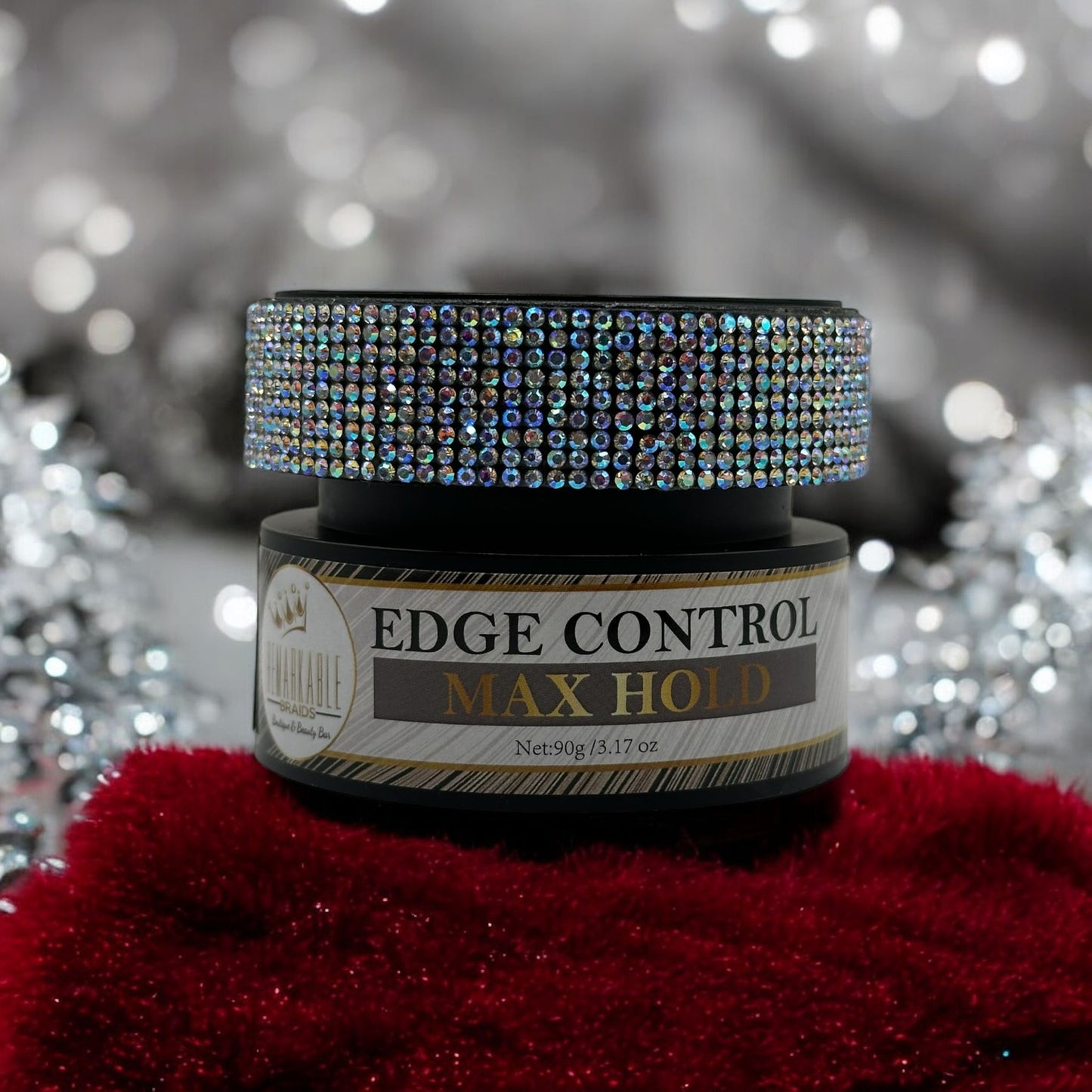 Edge Control Max Hold gel jar by Remarkable Braids with rhinestone lid on white marble surface with crystal ornaments