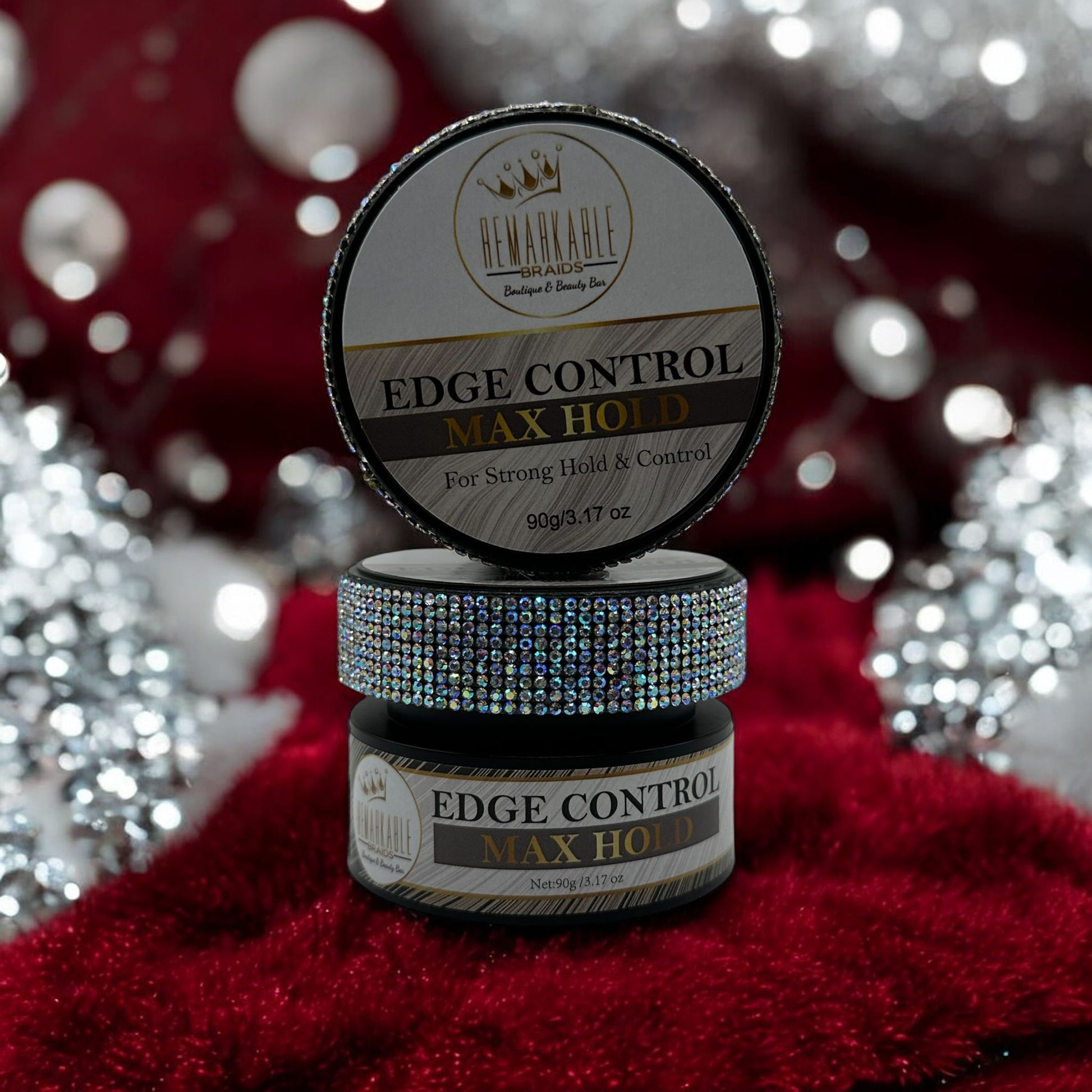 Edge Control Max Hold gel by Remarkable Braids with rhinestone lid in snowy holiday setting with twinkling lights