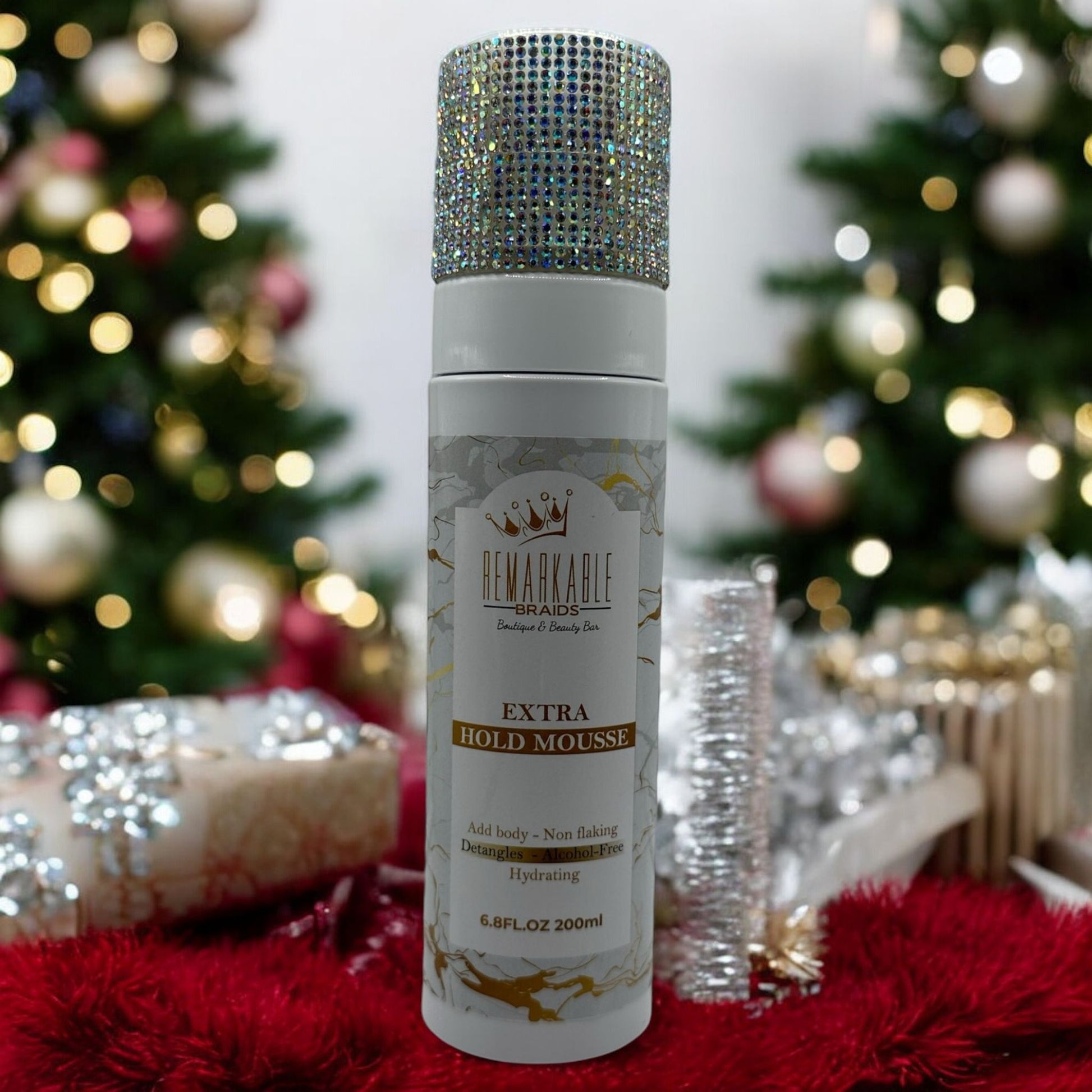 Remarkable Extra Hold Hair Mousse front view with holiday background, 200ml styling mousse for all hair types