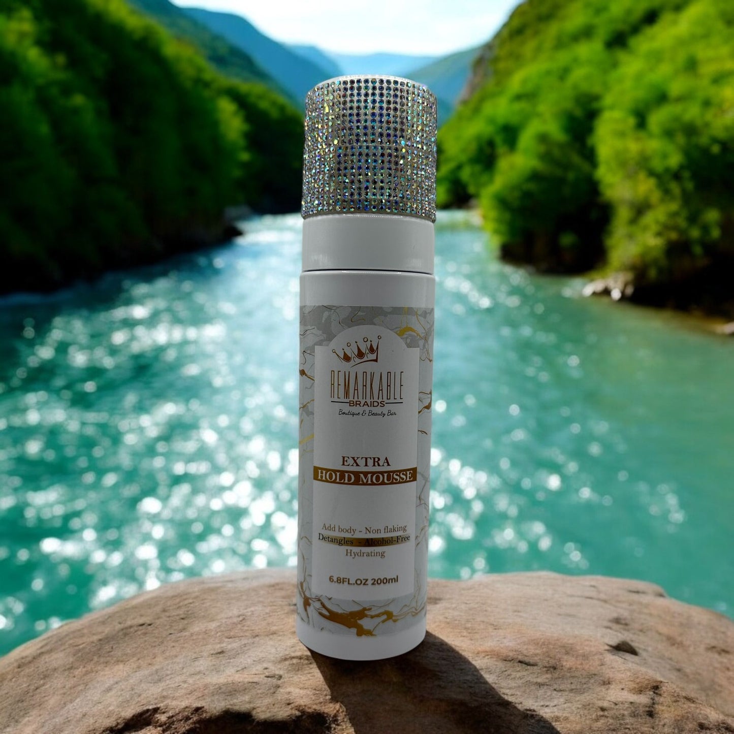 Remarkable Extra Hold Hair Mousse displayed outdoors near river, lightweight professional styling mousse