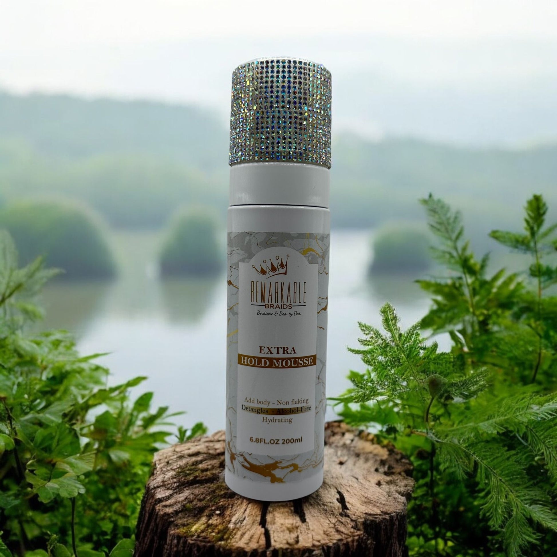 Remarkable Extra Hold Hair Mousse displayed outdoors on a wooden stump against a natural background